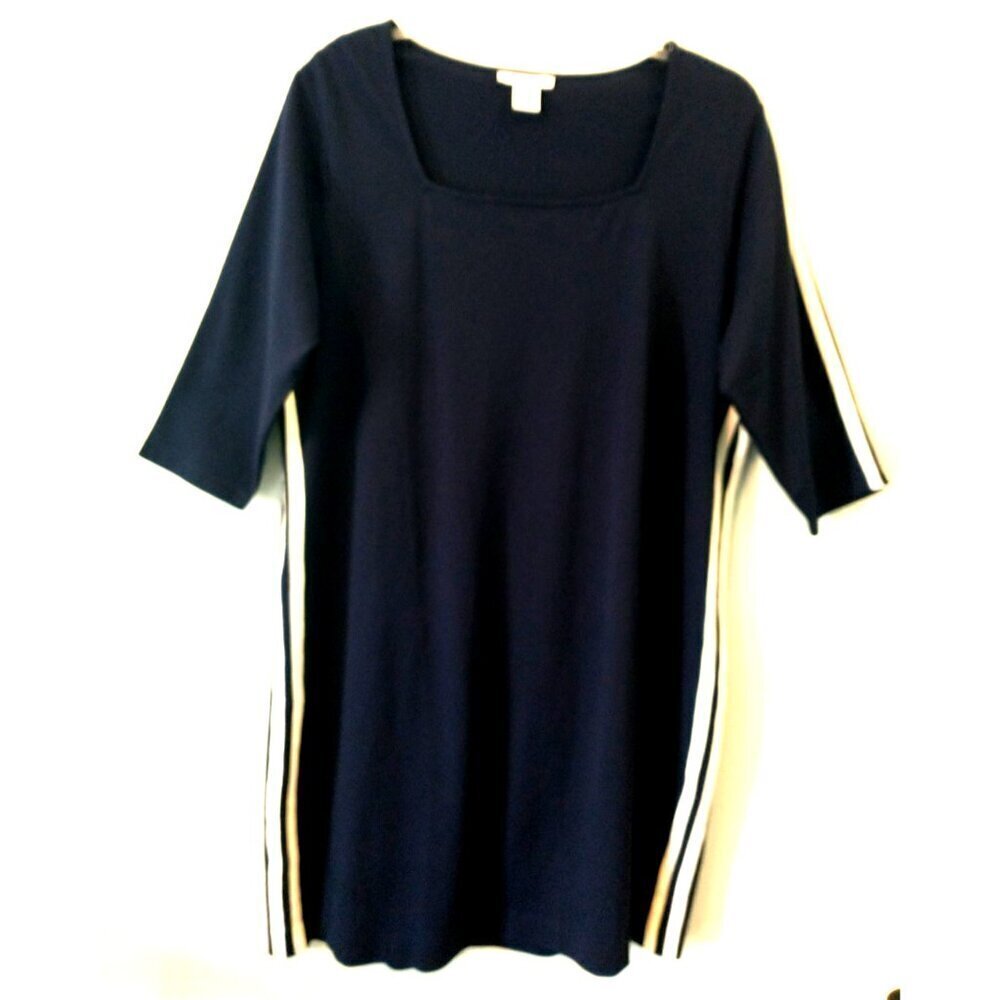 Joan Vass Women's Dress Cotton Spandex Square Neck White Trim Knee Length - 2X